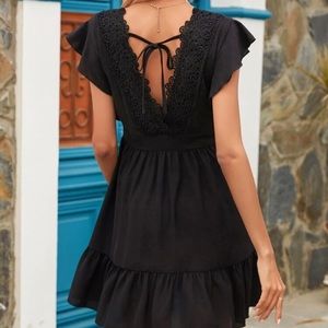 Contrast Lace Tie Back A-line Dress, black, SHEIN